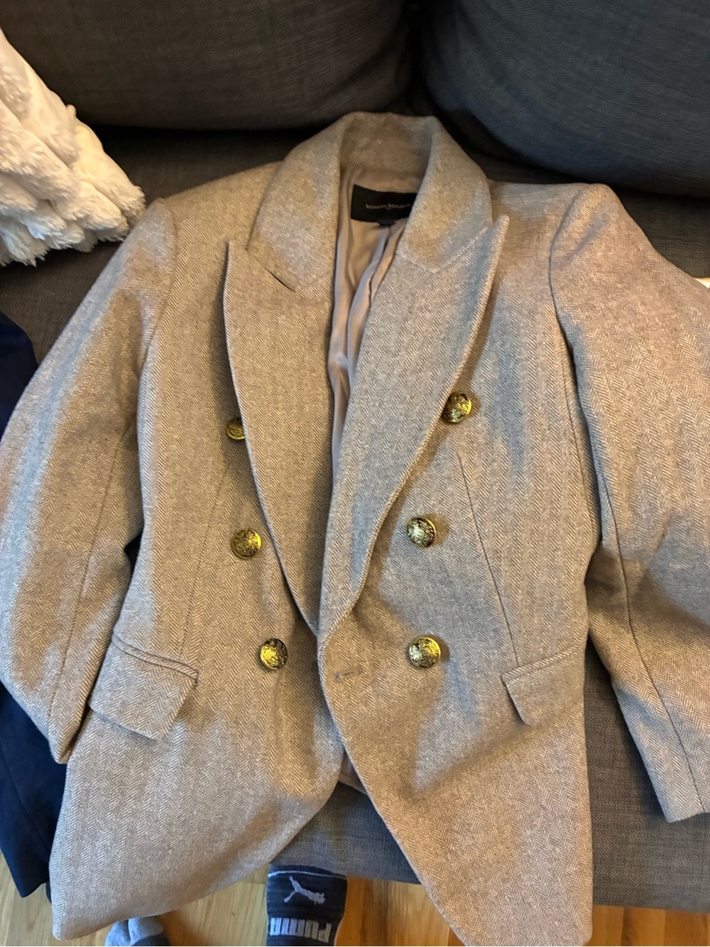 Banana Republic Tan Herringbone Double-Breasted Blazer with Gold Buttons